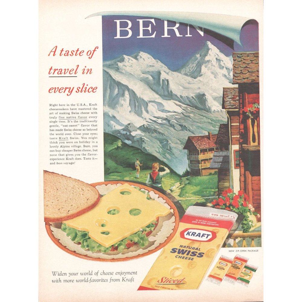1961 Kraft Swiss Cheese Vintage Print Ad Bern Switzerland Alps Alpine Mountains